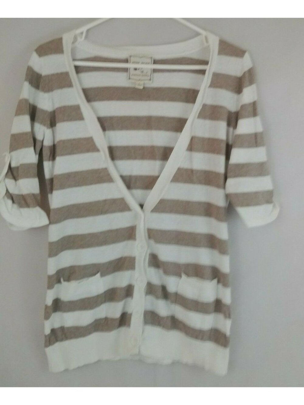 Pink Rose Ivory & Tan Striped Short Sleeve Cardigan Sweater Size Large